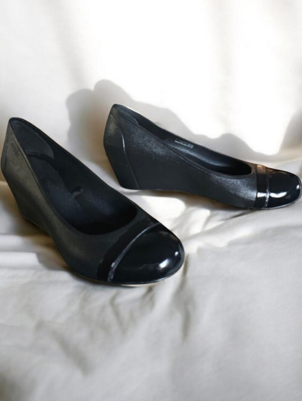 CROCS Black Wedge Pumps with Patent Toe Cap